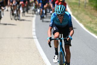 TURIN ITALY MAY 21 Joseph Lloyd Dombrowski of United States and Team Astana Qazaqstan attacks during the 105th Giro dItalia 2022 Stage 14 a 147km stage from Santena to Torino Giro WorldTour on May 21 2022 in Turin Italy Photo by Tim de WaeleGetty Images
