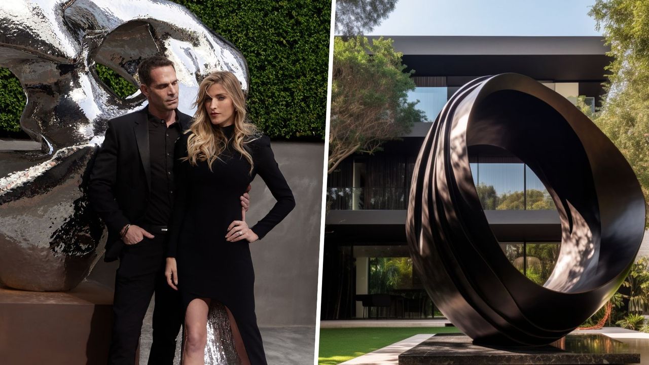 A side by side image of Gavin and Kelley from Formed For standing in front of a silver sculpture and a circular brass sculpture outside of a modern home