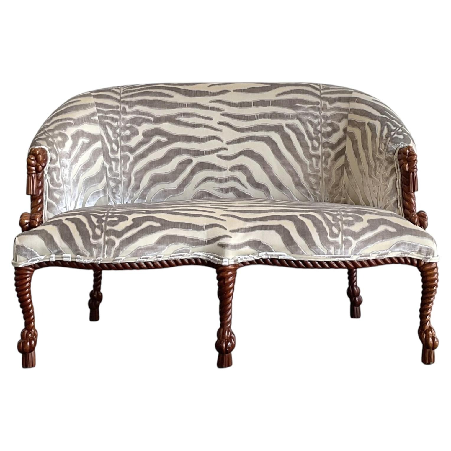 1stdibs, Vintage Carved Rope and Knot Loveseat in Scalamandre Tiger Devore