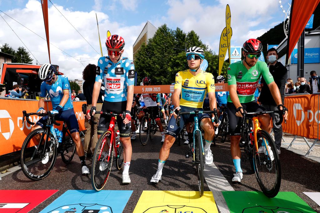 LA PLAGNE FRANCE JUNE 05 Alejandro Valverde Belmonte of Spain and Movistar Team Matthew Holmes of United Kingdom and Team Lotto Soudal Polka Dot Mountain Jersey Alexey Lutsenko of Kazahkstan and Team Astana Premier Tech Polka Dot Mountain Jersey Sonny Colbrelli of Italy and Team Bahrain Victorious Green Points Jersey at start during the 73rd Critrium du Dauphin 2021 Stage 7 a 1715km stage from SaintMartinLeVinoux to La Plagne 2072m UCIworldtour Dauphin dauphine on June 05 2021 in La Plagne France Photo by Bas CzerwinskiGetty Images
