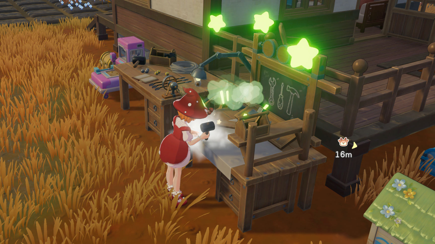 The player character in a mushroom dress crafting at a workbench in Starsand Island.