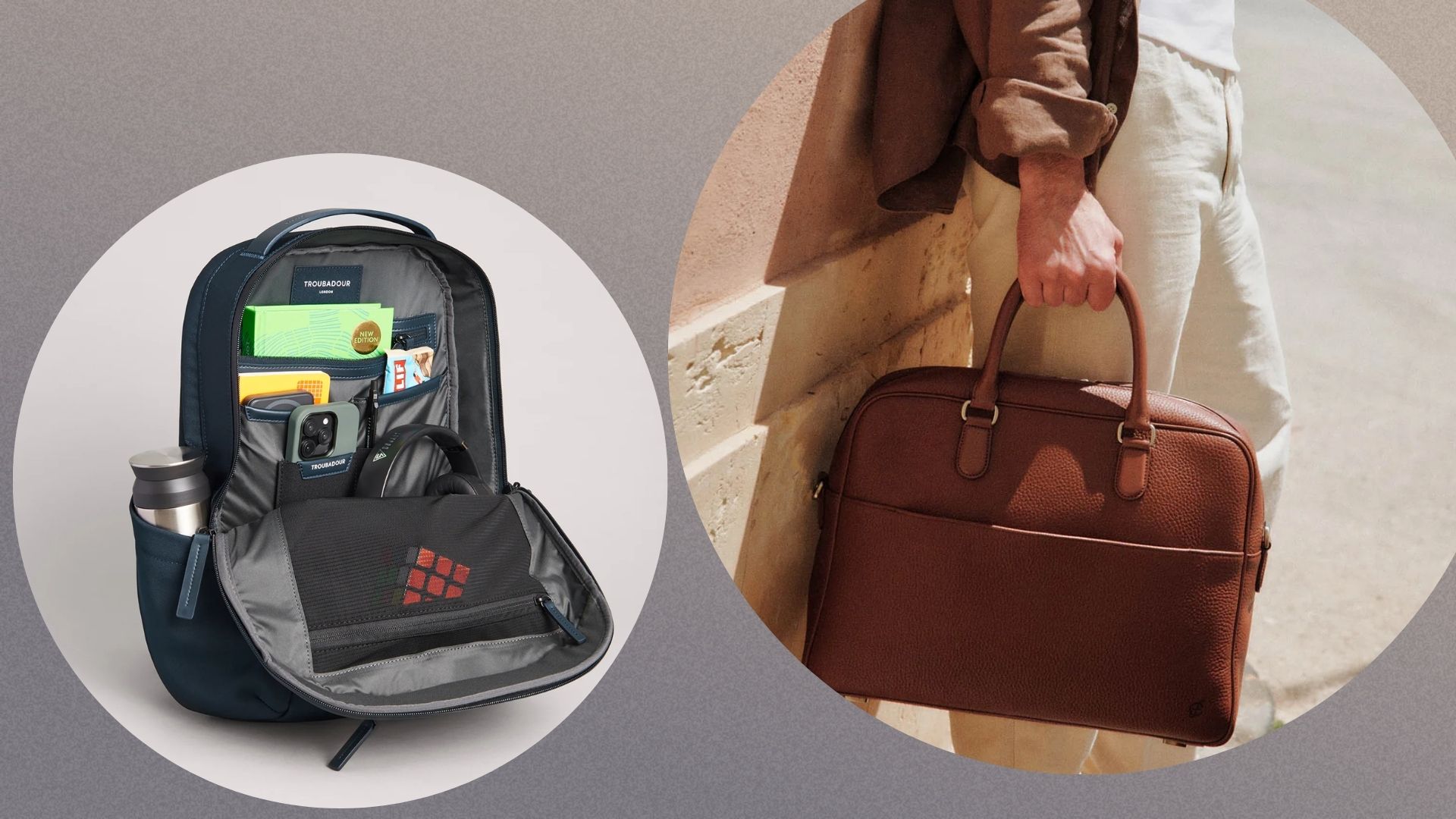 An open backpack and a briefcase in bubbles in front of a grey background