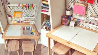 Child's wooden play table with colorful accessories to demonstrate a budget ikea desk hack