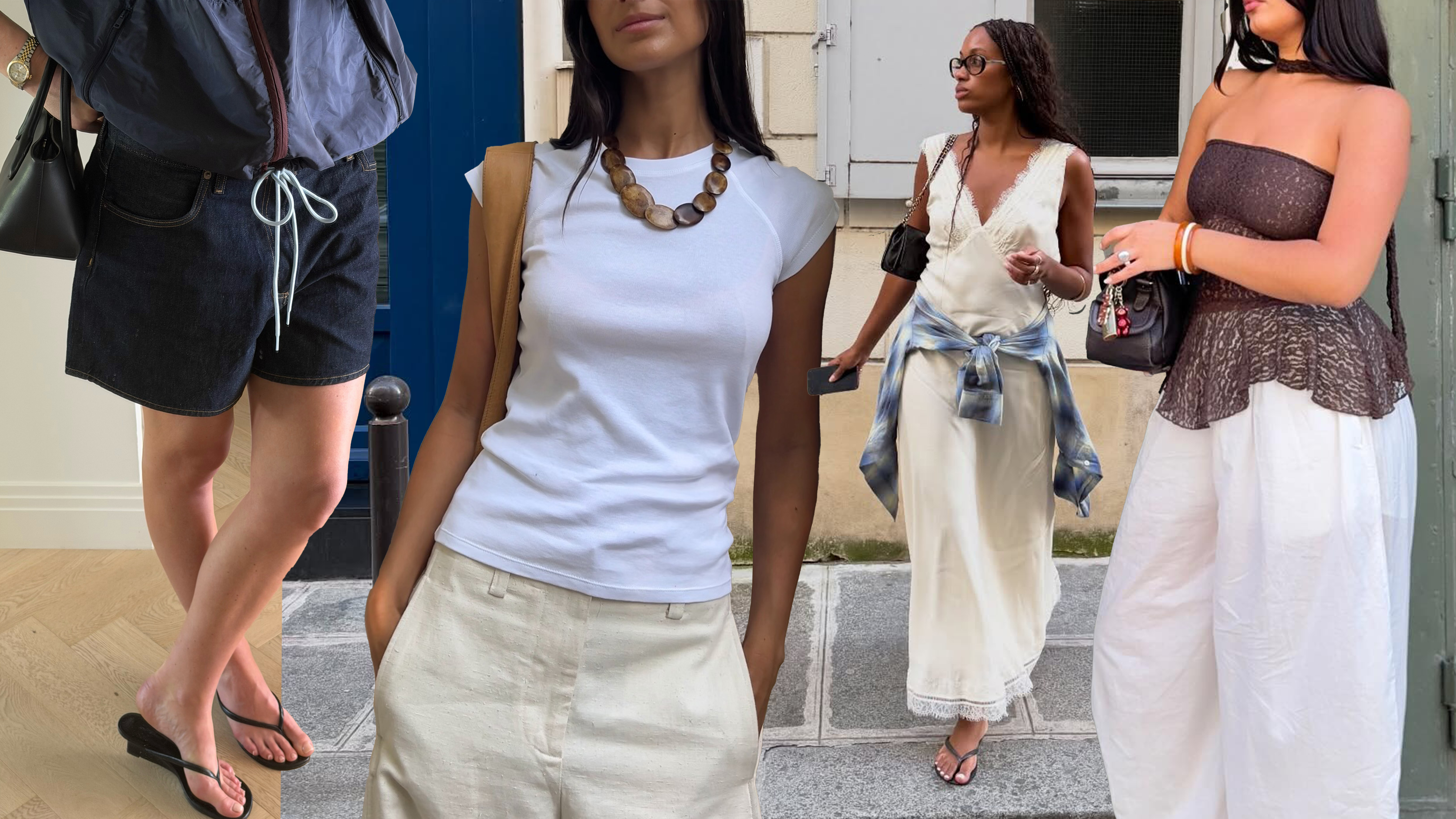 @sarahlouiseblythe wearing wedge sandals; @bellathomas wearing a white T-shirt and beaded necklace; @claire_most wearing a lace-trim dress; @isabellecoheen wearing balloon pants and a brown top