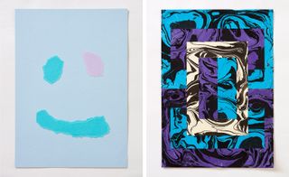 two images- Left- Light blues and lilacs in a face design, Right- Patterned square design in purples, blues, cream and black