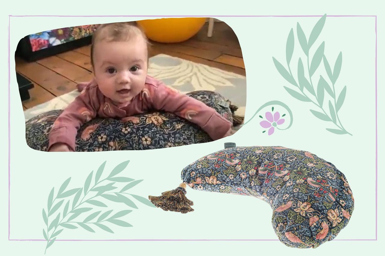 An image of the DockATot William Morris nursing pillow alongside an image of our tester&#039;s baby, Freddie, using the pillow for tummy time