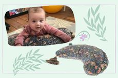 An image of the DockATot William Morris nursing pillow alongside an image of our tester's baby, Freddie, using the pillow for tummy time