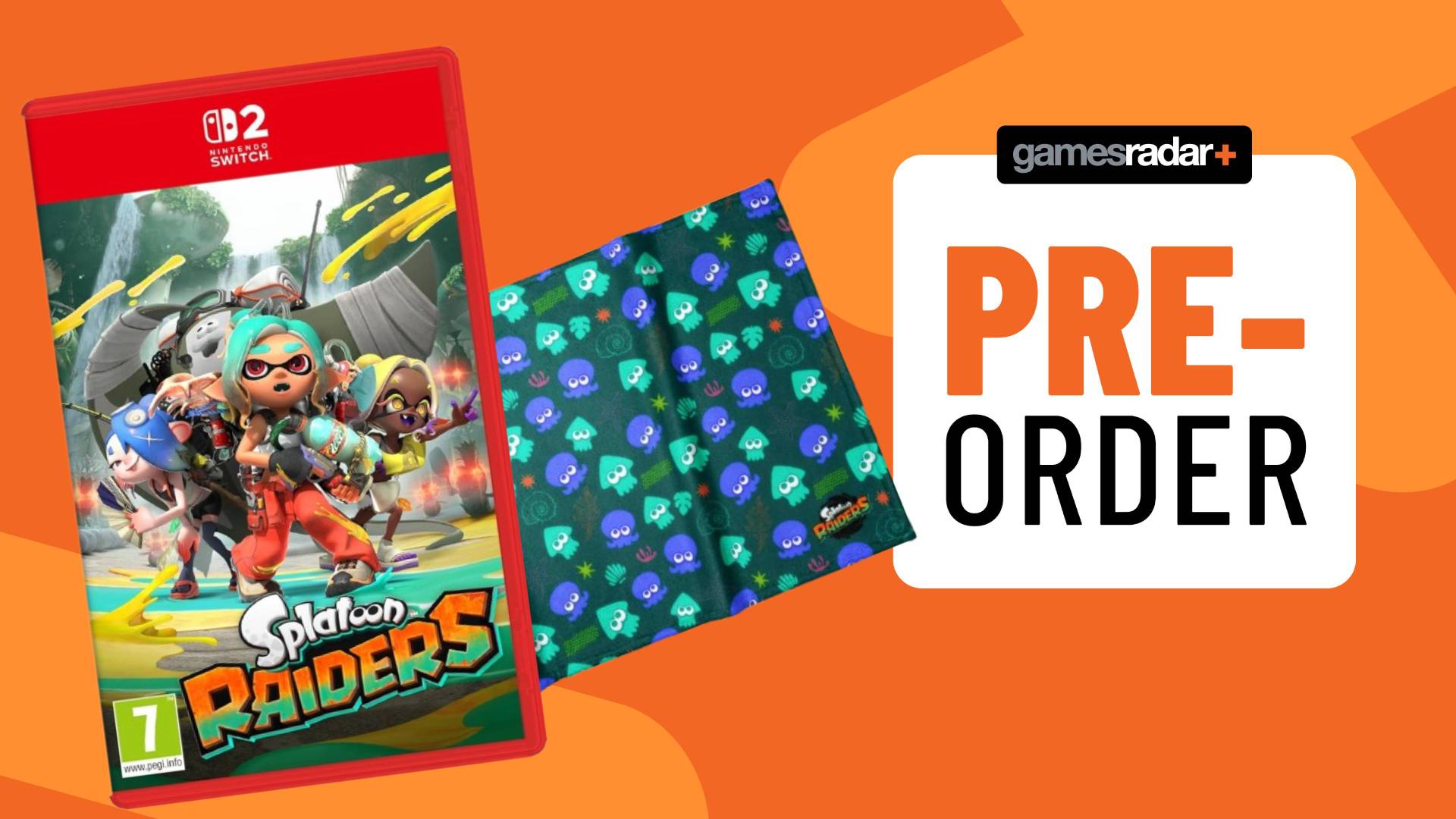 Image of the Switch 2 Splatoon Raiders boxart and its pre-order towel on an orange GamesRadar+ background.