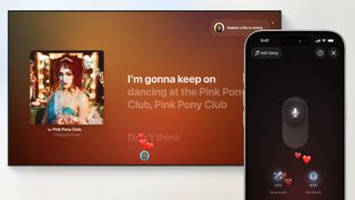 Karaoke mode with Sing in Apple Music on tvOS, showing Pink Pony Club by Chappell Roan