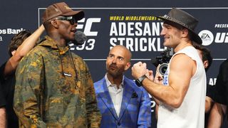 Opponents Israel Adesanya of Nigeria and Sean Strickland face off during the UFC 293 press conference at Qudos Bank Arena on September 07, 2023 in Sydney, Australia