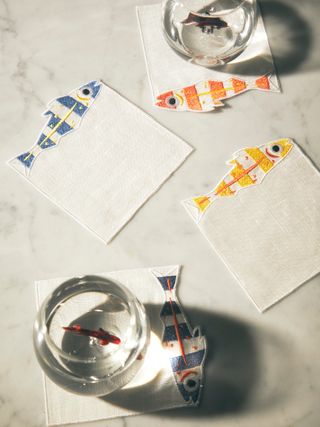 Sardines Embroidered Linen Cocktail Napkins (set of 4)