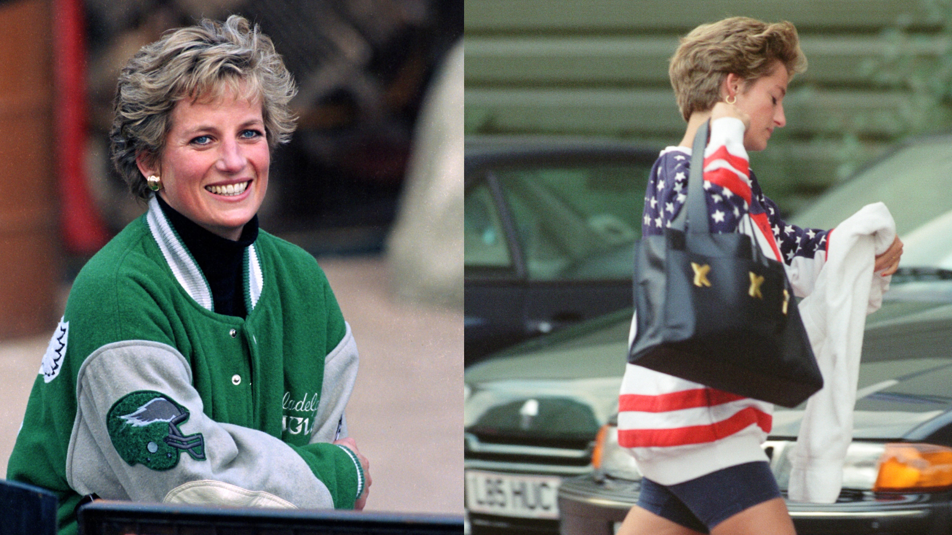 Princess Diana wearing an Eagles jacket; Princess Diana wearing an American flag sweatshirt and bike shorts holding a big black tote