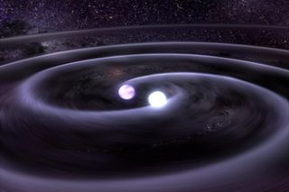 An artist's depiction of two white dwarf stars circling each other and emitting gravitational waves.