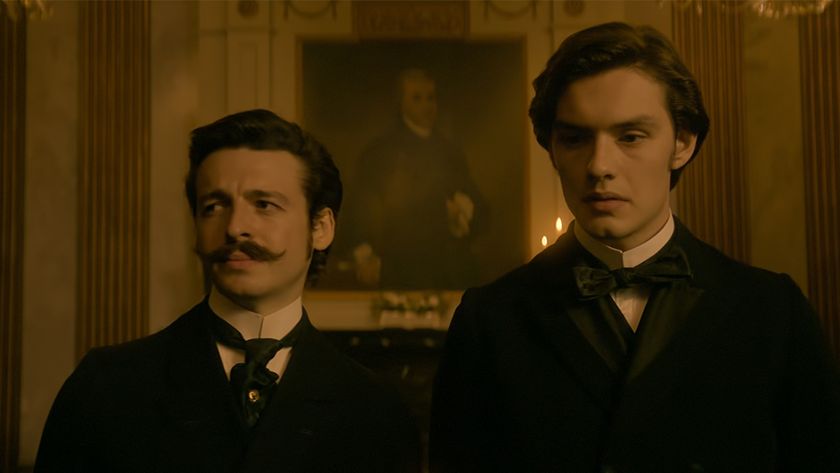 Anthony Boyle with a mustache on the left, Louis Partridge on the right in House of Guinness. 