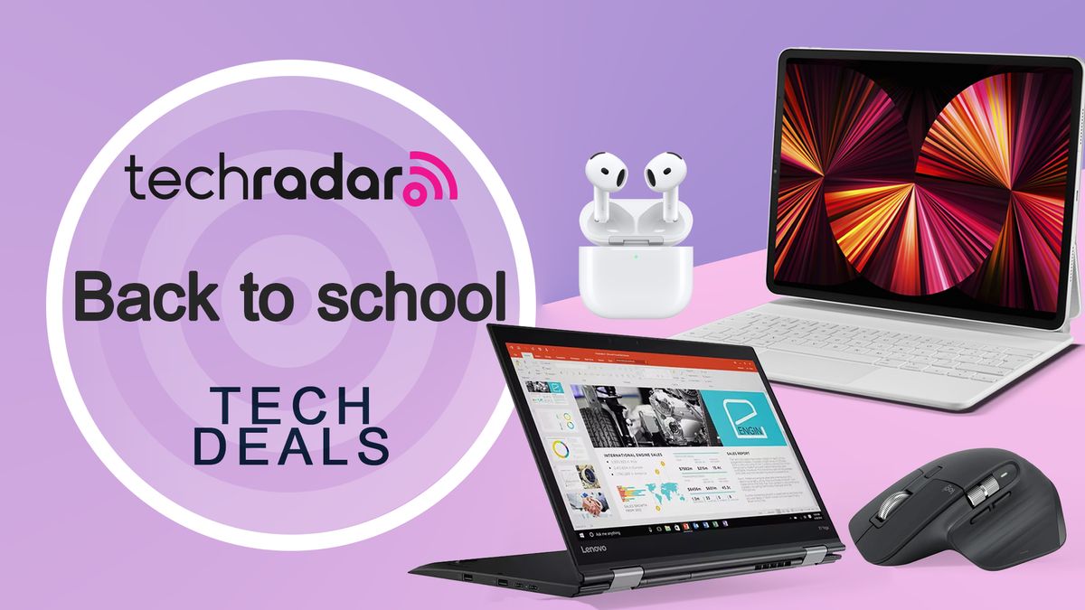 Back to school tech deals on a purple background