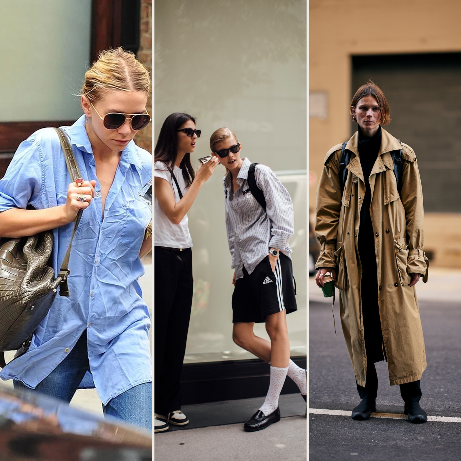 Street-style collage featuring women wearing backpacks with an oversized blue button-down, relaxed city separates, and a classic beige trench coat.