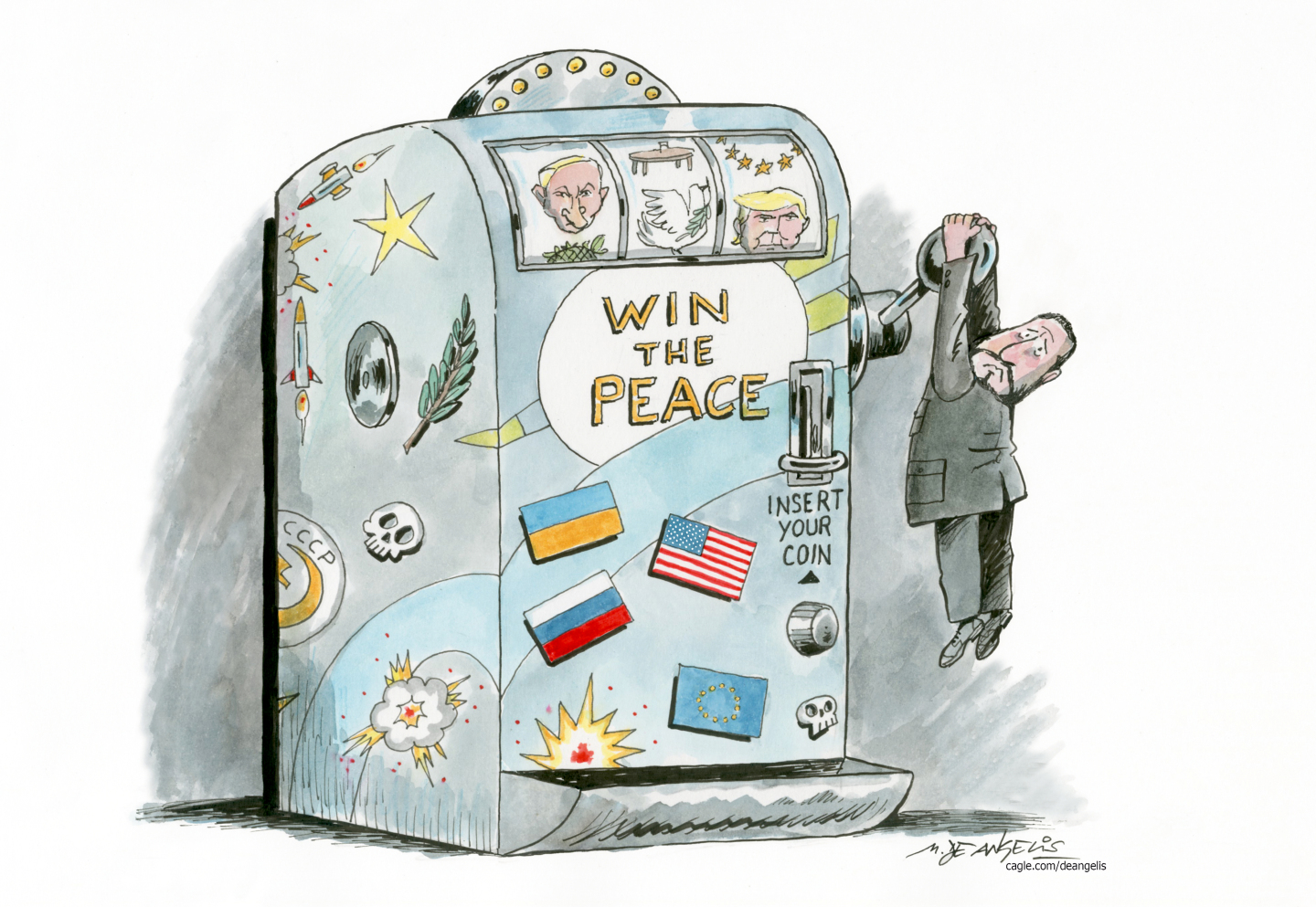 This cartoon depicts a giant slot machine named &amp;ldquo;Win the Peace&amp;rdquo; that is covered with images of war, including explosions and skulls. It also has the American, Russian, and Ukrainian flags. The reels have images of Vladimir Putin, a dove, and Donald Trump. Volodymyr Zelenskyy hangs from the handle trying to spin the reels.
