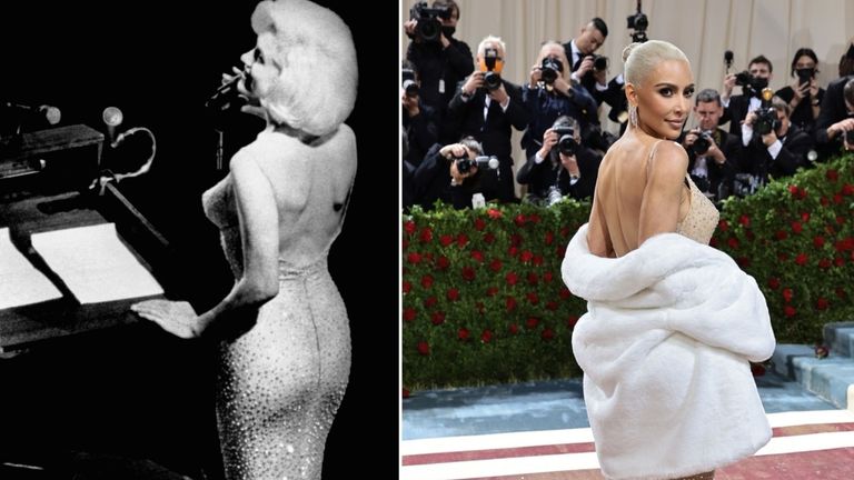 Actress Marilyn Monroe sings "Happy Birthday" to President John F. Kennedy at Madison Square Garden, for his upcoming 45th birthday/Kim Kardashian attends The 2022 Met Gala Celebrating "In America: An Anthology of Fashion" at The Metropolitan Museum of Art on May 02, 2022 in New York City. 