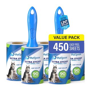 PetLovers Extra Sticky Lint Roller against white background with graphic that reads 'VALUE PACK 450 EASY PEEL SHEETS'