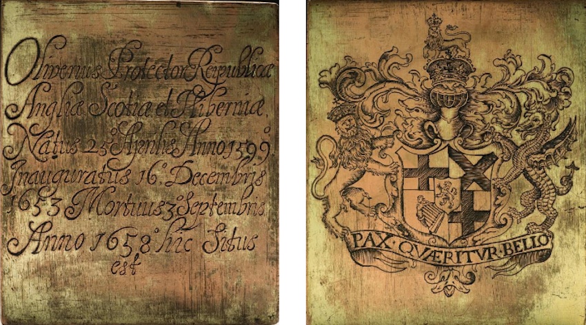 One side of the copper plate bears the arms of the Lord Protector of the Commonwealth of England, Scotland and Ireland, and the reverse has an inscription in Latin with the dates of Cromwell's birth, inauguration as Lord Protector, and death (c. 1658).