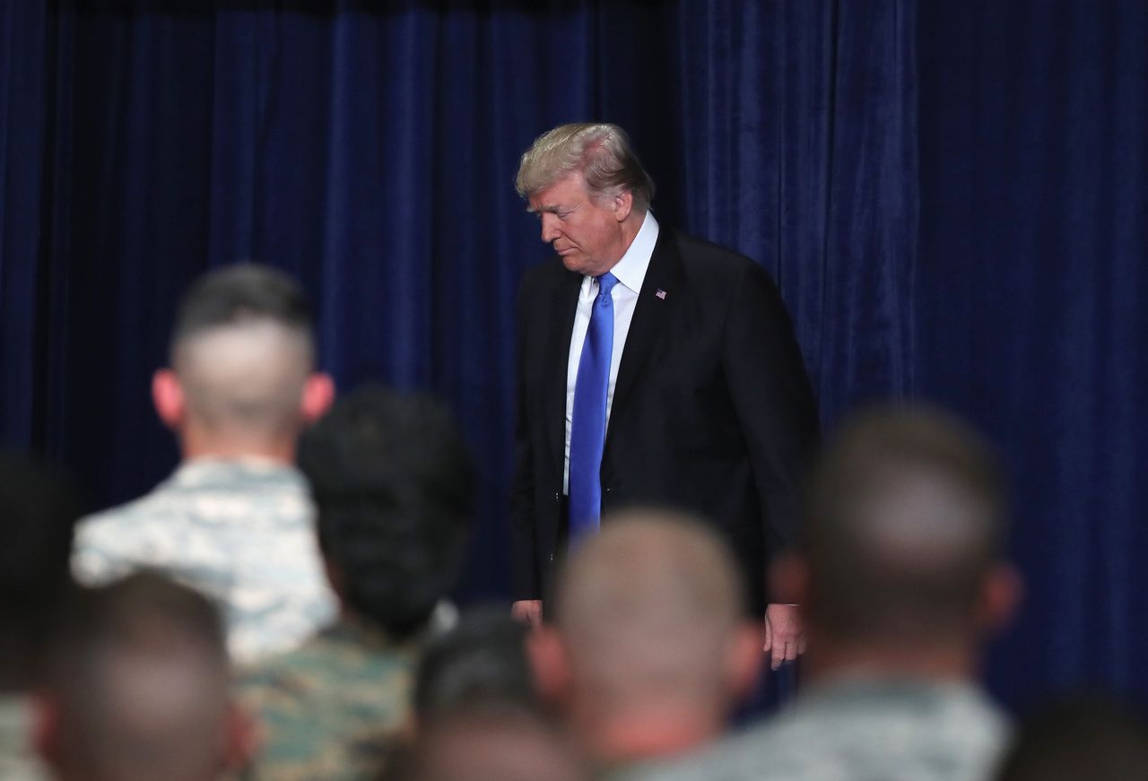 President Trump delivers a speech about Afghanistan in front of members of the military