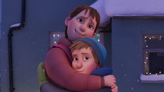 A mom hugging her son in the snow during the Netflix Christmas movie, That Christmas.