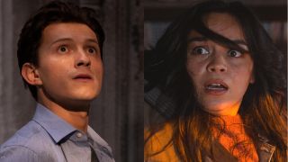 Tom Holland looks up with concern in Spider-Man: No Way Home, pictured next to a scared Kaitlyn Santa Juana in Final Destination Bloodlines.
