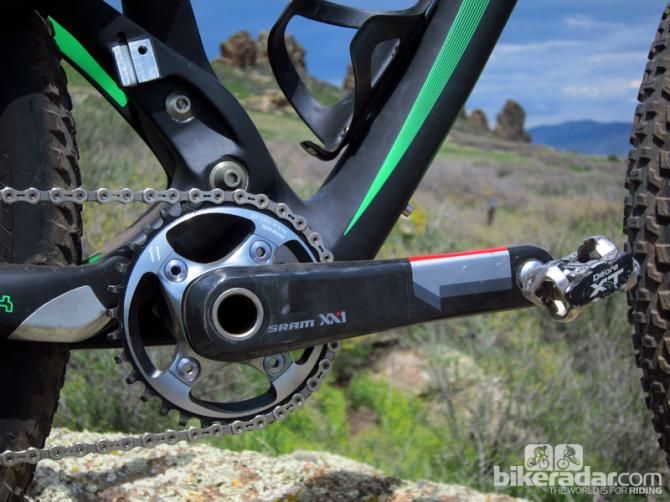 Our test sample arrived with SRAM's fantastic XX1 1x11 drivetrain but in the event you'd rather run a front derailleur (or one of MRP's ultralight guides) there's a direct mount socket high up on the swingarm.