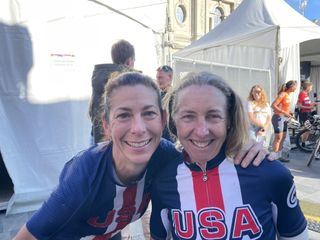 Bronze medallist Amy Phillips (left) in 50-54 age division and gold medallist Laura van Gilder in 60-64 age division celebrate in Leuven