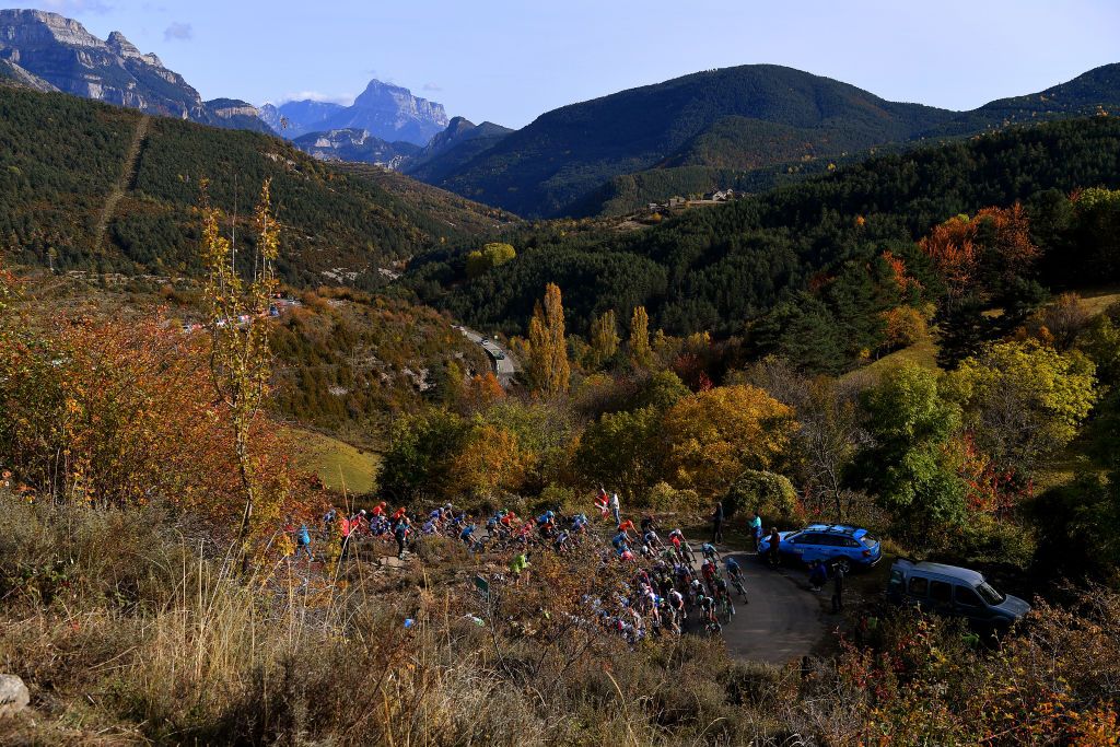 SABIANIGO SPAIN OCTOBER 24 Peloton Alto de Fanlo 1359m Forest Autumn Landscape during the 75th Tour of Spain 2020 Stage 5 a 1844km Huesca to Sabinigo 835m lavuelta LaVuelta20 La Vuelta on October 24 2020 in Sabinigo Spain Photo by Justin SetterfieldGetty Images