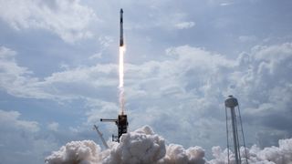 A SpaceX Falcon 9 rocket launch launches two NASA astronauts into orbit on a Crew Dragon spacecraft from Pad 39A of the Kennedy Space Center in Florida on May 30, 2020.