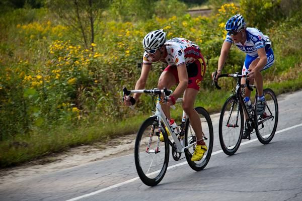 Phillip Gaimon (Jelly Belly) and Frederique Robert (Quickstep) try for an attack late in the race.