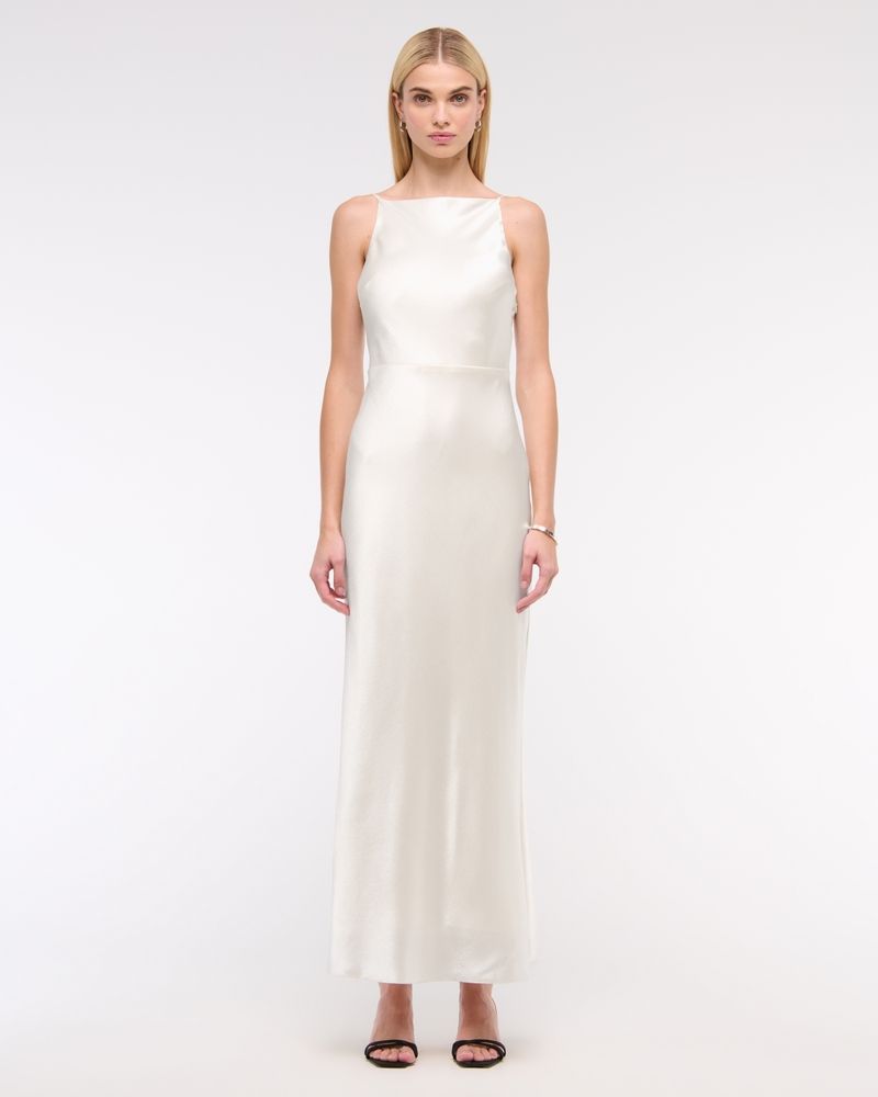 High-Neck Crinkle Satin Maxi Dress