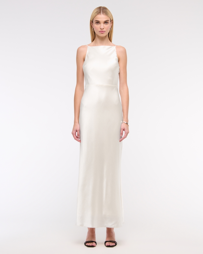 High-Neck Crinkle Satin Maxi Dress