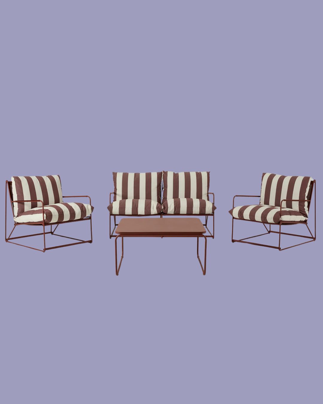 Garden Sofa Set 03 in burgundy and cream stripes, positioned against pale lilac background.