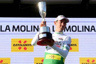 LA MOLINA SPAIN MARCH 23 Ben Alexander Oconnor of Australia and AG2R Citren Team celebrates winning the green leader jersey on the podium ceremony after the 101st Volta Ciclista a Catalunya 2022 Stage 3 a 1611km stage from Perpignan to La Molina 1691m VoltaCatalunya101 WorldTour on March 23 2022 in La Molina Spain Photo by David RamosGetty Images