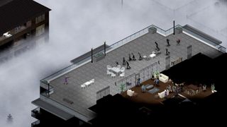 A bird's eye view of a building with zombies chasing a player