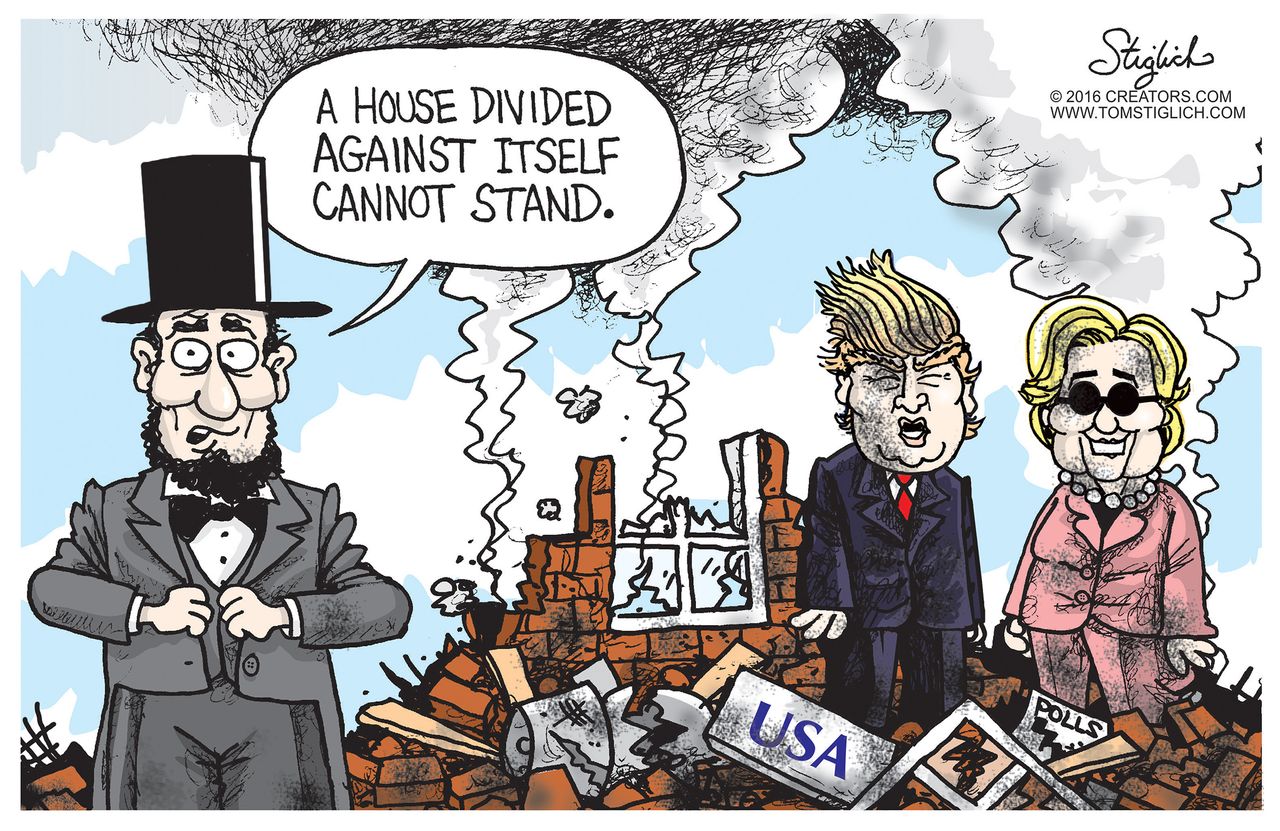 Political cartoon U.S. 2016 election Hillary Clinton Donald Trump Abraham Lincoln House divided