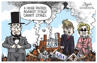 Political cartoon U.S. 2016 election Hillary Clinton Donald Trump Abraham Lincoln House divided
