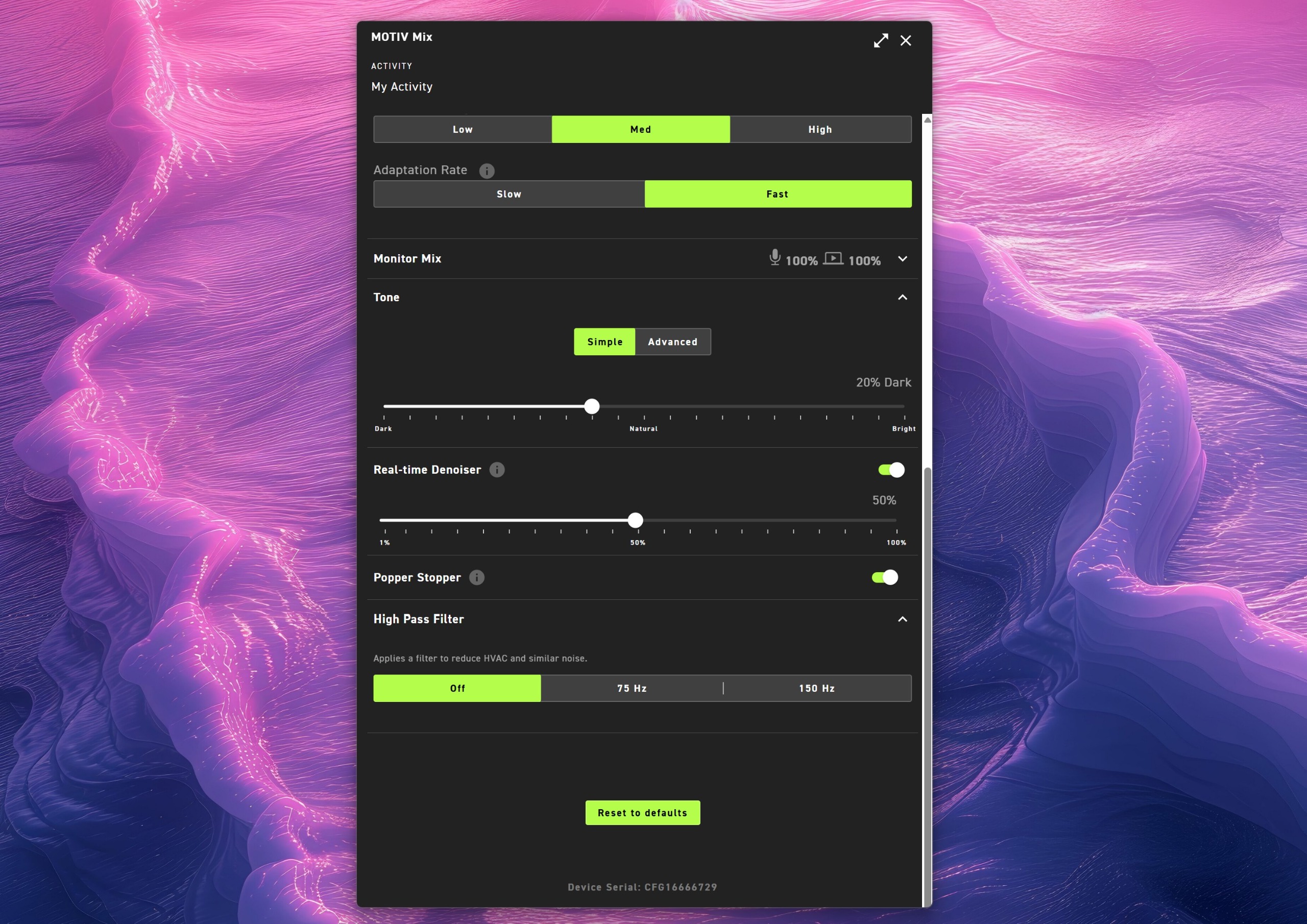 Shure MOTIV Mix Windows 11 app main interface for the MV6 G2 microphone showing mute, speech preset, auto-level gain toggles, target level settings, and adaptation rate.