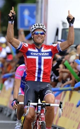 Thor Hushovd celebrates winning in Murcia