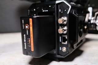 Close-up of the battery on a Blackmagic Pyxis 6K camera