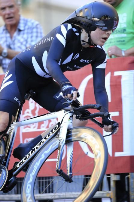 Linda Villumsen (New Zealand) rides to her fifth straight medal in the women's time trial world championships