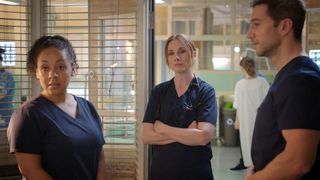 Will Nicky prove she's matured in Tuesday's Holby special? L - R Nicky (Belinda Owusu), Jac Naylor (Rosie Marcel), Joseph Byrne (Luke Roberts). (C) BBC
