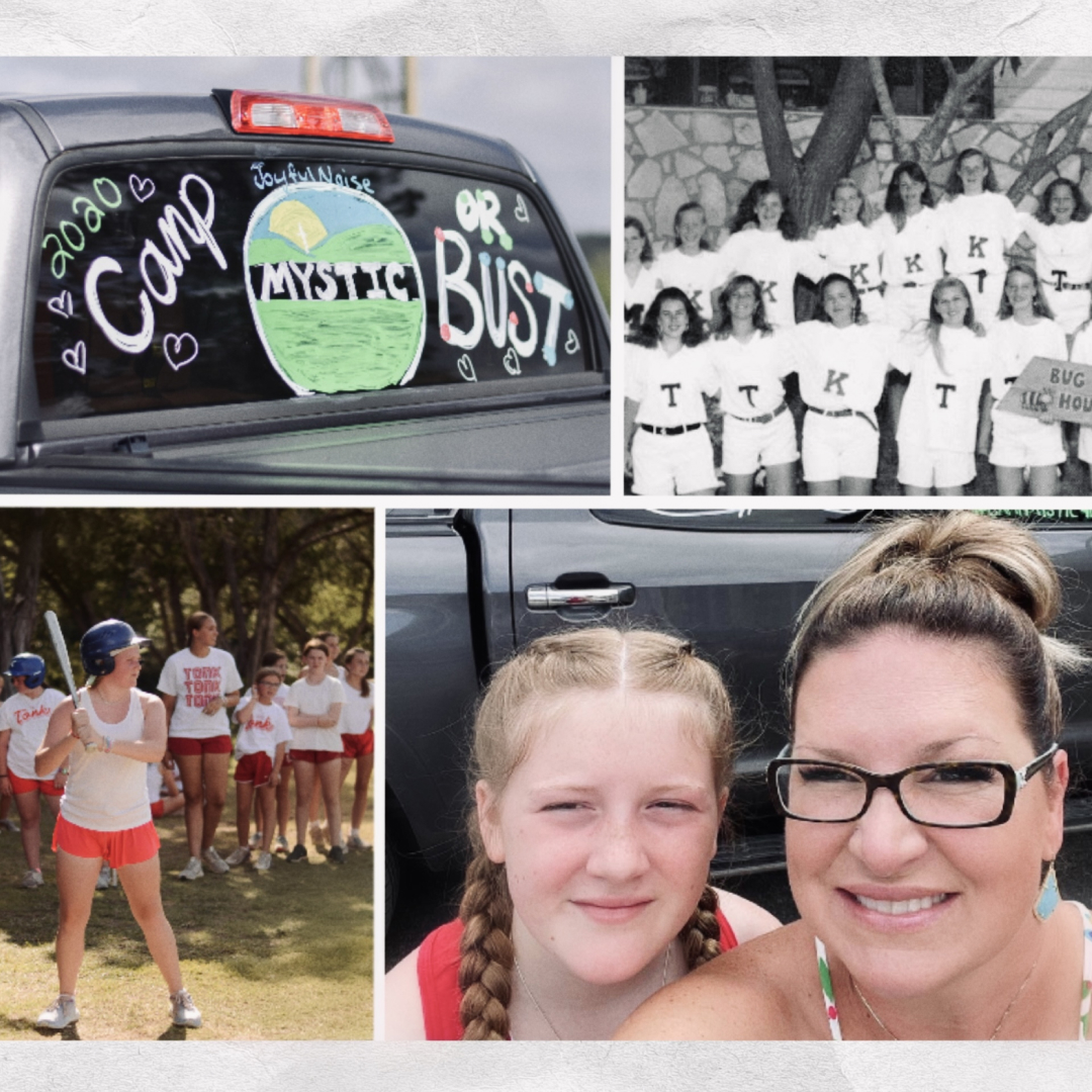 A collage of Camp Mystic memories: A truck window painted with \201cCamp Mystic or Bust,\201d a vintage black-and-white photo of a girls’ camp group in matching shirts, campers playing softball, and a mother and daughter smiling for a selfie.