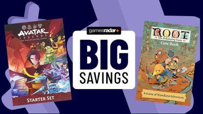 Purple background with Root RPG book cover and Avatar RPG book cover