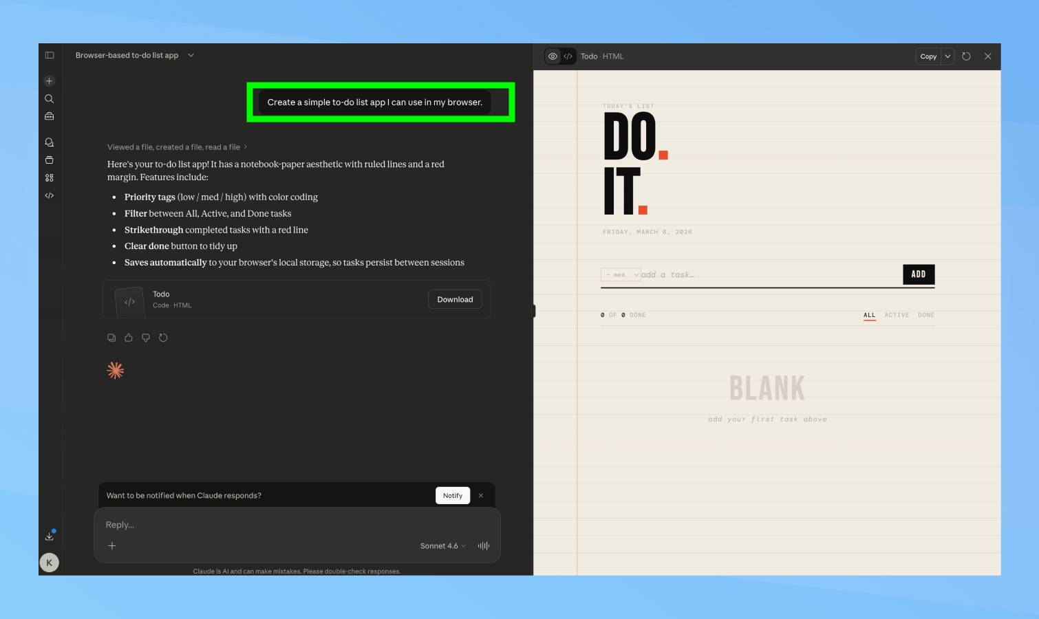 Simple vibe-coding prompt in Claude
