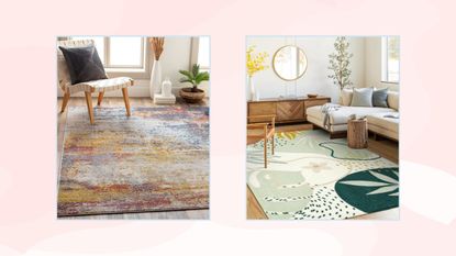 Two pictures of Amazon rugs on a pink background