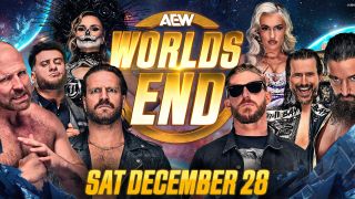 The poster for AEW Worlds End 2024, featuring Jon Moxley, MJF, Thunder Rosa, Adam Page, Orange Cassidy, Mariah May, Adam Cole, and Jay White