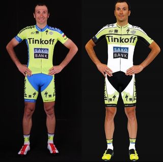 Ivan Basso shows off the new and old Tinkoff-Saxo kits